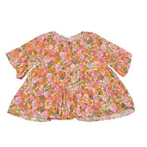 CHICSOUL Orange Floral Scoop Neck Bell Sleeve Tiered Casual Top Size 2XL